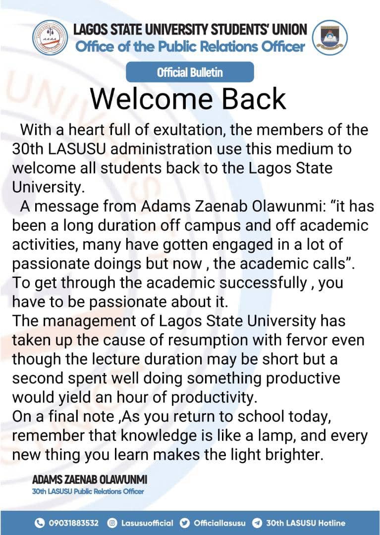 LASU Students' Union welcomes students back to school