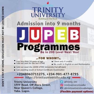 Trinity University JUPEB admission form for 2020/2021 session